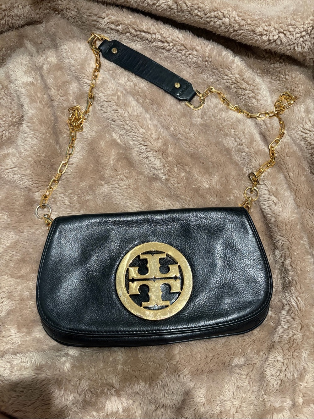 Tory Burch Black Leather Crossbody with Gold Logo Hardware